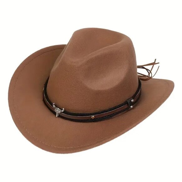 Light Brown Western Cowboy Hat Cowboy Cowgirl Rodeo Style with Bull Skull Accent - Picture 6 of 9
